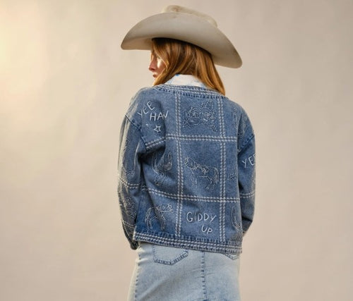 Western Embroidery Puff Sleeve Denim Jacket