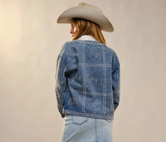Western Embroidery Puff Sleeve Denim Jacket