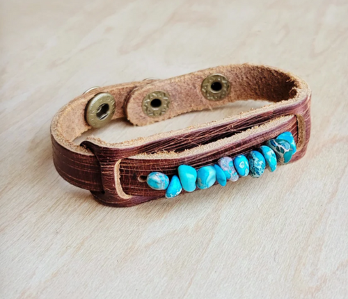 JJ Genuine Leather Narrow Cuff with Turquoise Regalite Stones 006v