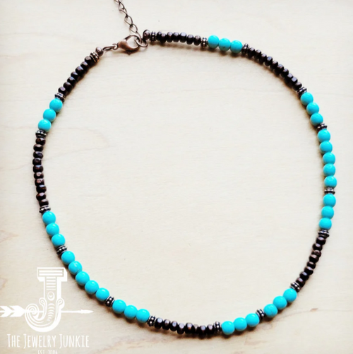 JJ Blue Turquoise, Wood and Copper Beads Collar Necklace 230g