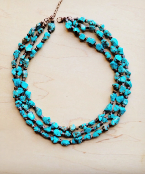 JJ Triple Strand Blue Turquoise & Wood Collar Necklace 259f