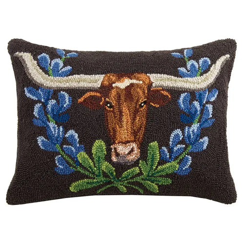 Longhorn and Blue Bonnets Hook Pillow