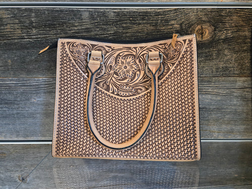 Tooled Tote Handbag - Brown